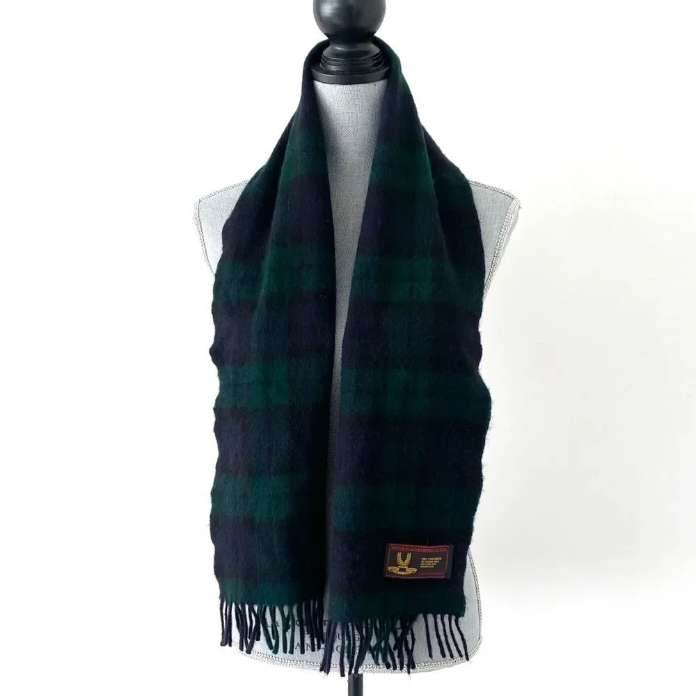 Peter MacArthur & Co. Plaid Tartan Cashmere Wool Scarf Black & Green Preppy Chic